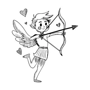 Vector hand drawn sketch of boy cupid with bow and arrow, drawn in ink on w.. Stock Illustration