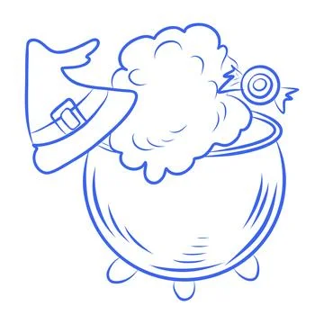 Vector hand drawn sketch, Halloween magic cauldron, blue line Stock Illustration