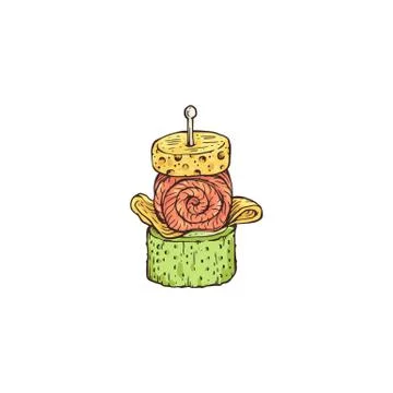 Vector hand drawn sketch illustration of canape or tiny appetizer on skewer. Stock Illustration