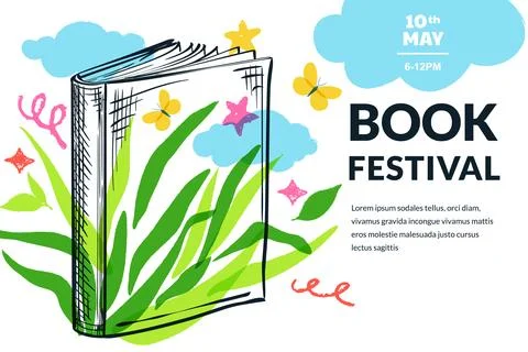 Vector hand drawn sketch illustration of big open book, growing green plants Stock Illustration
