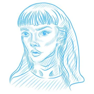 Vector hand drawn sketch, portrait of a young girl, blue line art Illustration