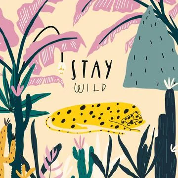 Vector hand drawn sleeping leopard, exotic plants, jungle leaves Stock Illustration