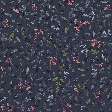 Vector hand-drawn small branches with berries dark color seamless pattern. Mi Stock Illustration