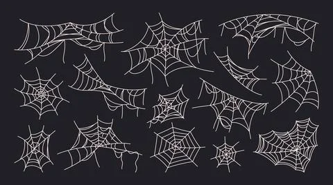 Vector hand drawn spider webs and cobwebs in various intricate shapes. Stock Illustration