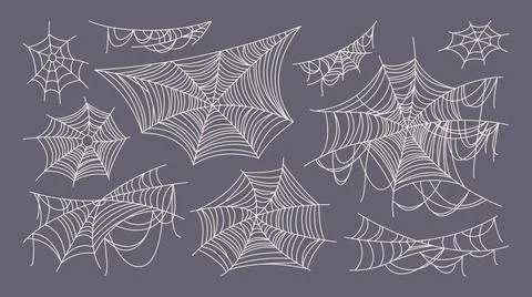 Vector hand drawn spider webs and cobwebs in various intricate shapes. Stock Illustration