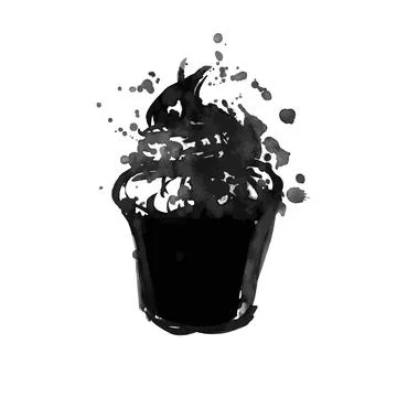 Vector hand drawn style illustration. Roughed black cupcake with splashes Stock Illustration