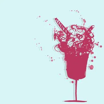 Vector hand drawn style illustration. Roughed pink dessert with splashes on the Stock Illustration