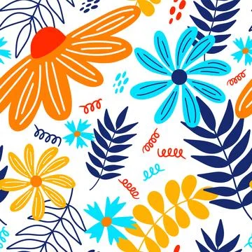 Vector hand drawn summer floral seamless pattern isolated on white background. Stock Illustration