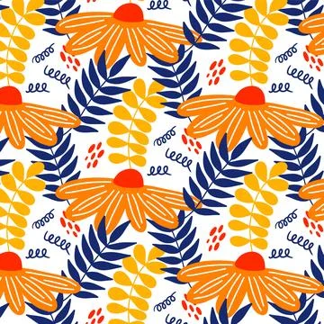Vector hand drawn summer floral seamless pattern isolated on white background. Illustrazione stock