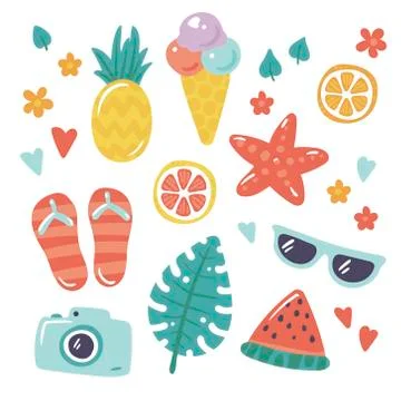 Vector hand-drawn summer icon set. Stock Illustration