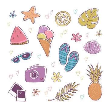 Vector hand-drawn summer icon set. Illustrazione stock