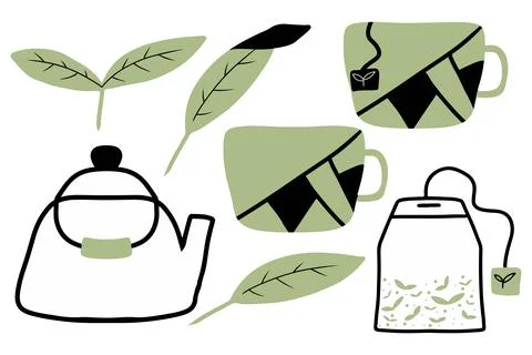 Vector hand drawn tea set. Tea icons set. Stock Illustration