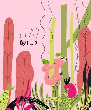 Vector hand drawn three-toed sloth on tree in leaves and plants Stock Illustration