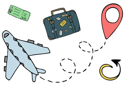 Vector hand drawn travel elements with airplane, location, ticket, suitcase,  Stock Illustration