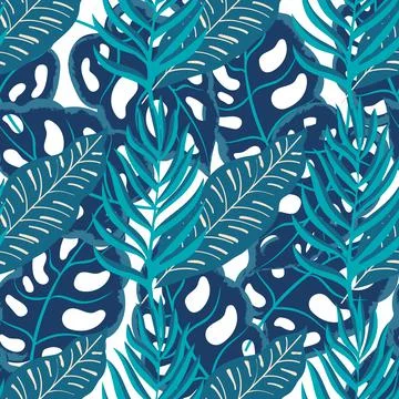 Vector Hand drawn Tropical Leaves Seamless Background. Rainforest plants Stock Illustration