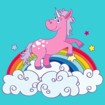 Vector hand drawn unicorn on rainbow Illustrazione stock