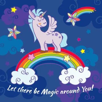 Vector hand drawn unicorn standing on a rainbow Stock Illustration