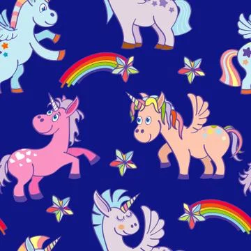 Vector hand drawn unicorns seamless pattern blue sky 스톡 일러스트