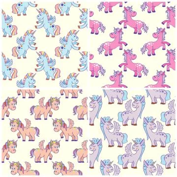 Vector hand drawn unicorns seamless patterns set Stockillustratie