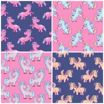 Vector hand drawn unicorns seamless patterns set Stock Illustration