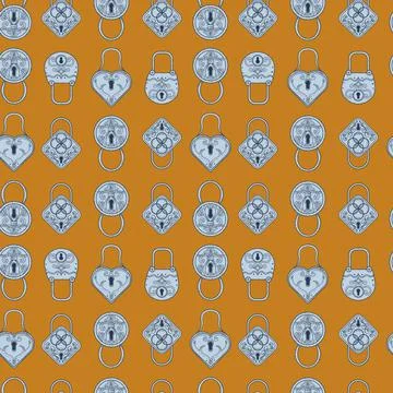 Vector hand drawn vintage blue locks seamless pattern print background. Stock Illustration