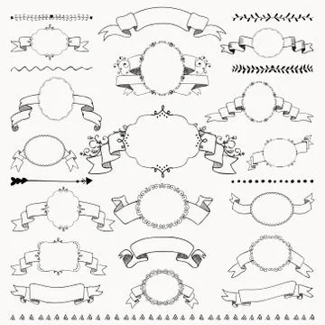 Vector Hand Drawn Vintage Frames, Ribbons, Banners Stock Illustration
