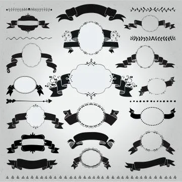 Vector Hand Drawn Vintage Frames, Ribbons, Banners Stock Illustration