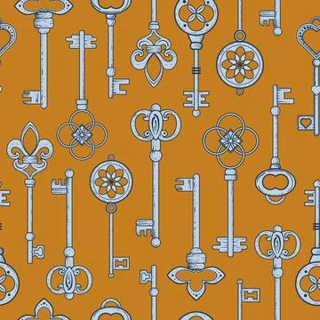 Vector hand drawn vintage keys seamless pattern print background. Stock Illustration