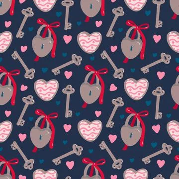 Vector hand drawn vintage seamless pattern with keys, padlocks on dark. Illustrazione stock