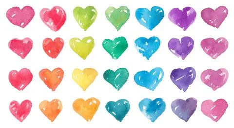 Vector hand drawn watercolor multi-colored hearts set Stock Illustration