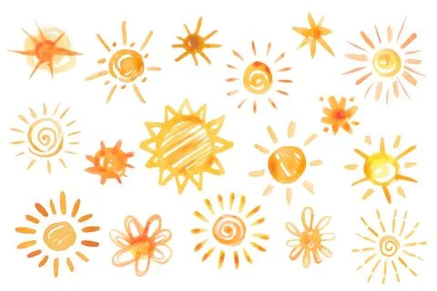Vector hand drawn watercolor suns set Stock Illustration