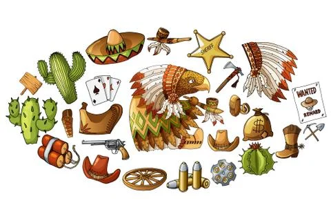 Vector hand drawn wild west indians elements stickers set illustration Illustrazione stock