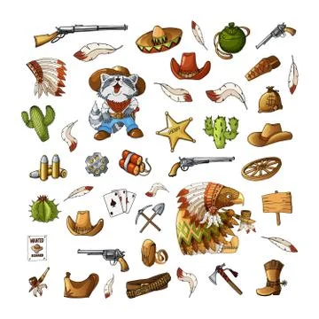 Vector hand drawn wild west indians elements stickers set illustration Illustrazione stock