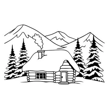 Vector hand drawn winter mountain woodman house. Winter hiking scene Stock Illustration