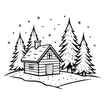 Vector hand drawn winter mountain woodman house. Winter hiking scene Stock Illustration