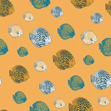 Vector hand drawn yellow angelfish seamless pattern print background. Stock Illustration