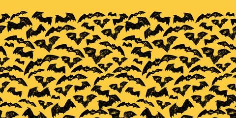 Vector hand drawn yellow halloween bats horizontal border pattern. Suitable for Stock Illustration