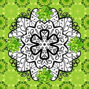 Vector Hand drawn zentangle floral white, green and black colors. Seamless patte Stock Illustration