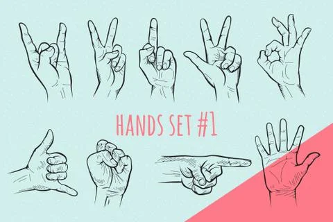 Vector hand gesture set. Pencil drawn sketch. Stock Illustration