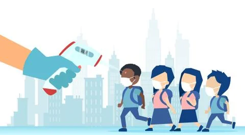 Vector of a hand in gloves with scanner measuring body temperature of a group Stock Illustration