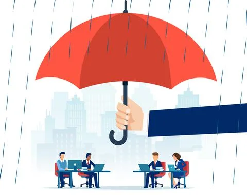 Vector of a hand holding big umbrella in rain protecting employees working in Stock Illustration