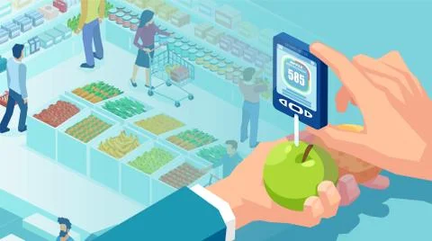 Vector of a hand holding the nitrate tester on a supermarket background Stock Illustration
