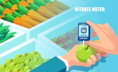 Vector of a hand holding the nitrate tester on a vegetables and fruits backgr Stock Illustration