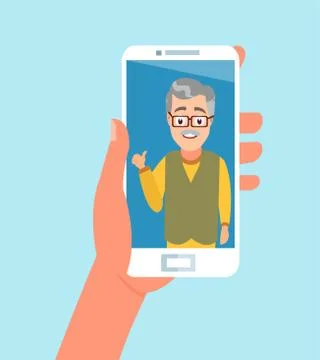Vector of a hand holding smart phone having a video call with a senior person Stock Illustration