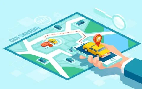 Vector of a hand holding smartphone with cab and GPS route point pins on a ma Stock Illustration