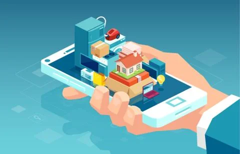 Vector of a hand holding smartphone with home and kitchen appliances イラスト素材