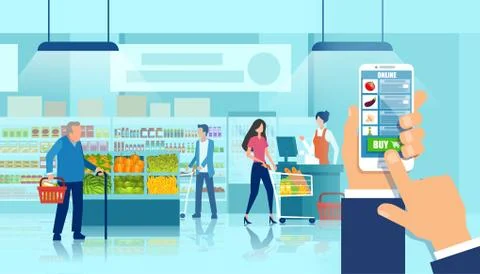 Vector of a hand holding smartphone using grocery shopping app Stock Illustration