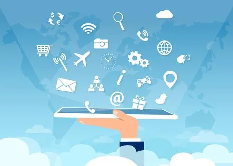 Vector of a hand holding tablet computer with multiple social media app icons Stock Illustration