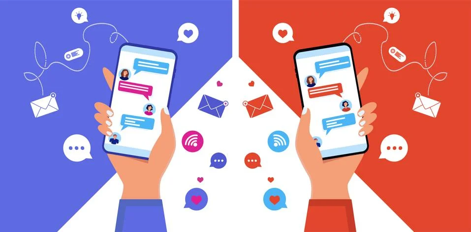 Vector. A hand holds a phone with an open chat. Screenshot. Stock Illustration