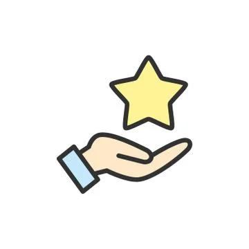 Vector hand holds star, feedback flat color line icon. Stock Illustration
